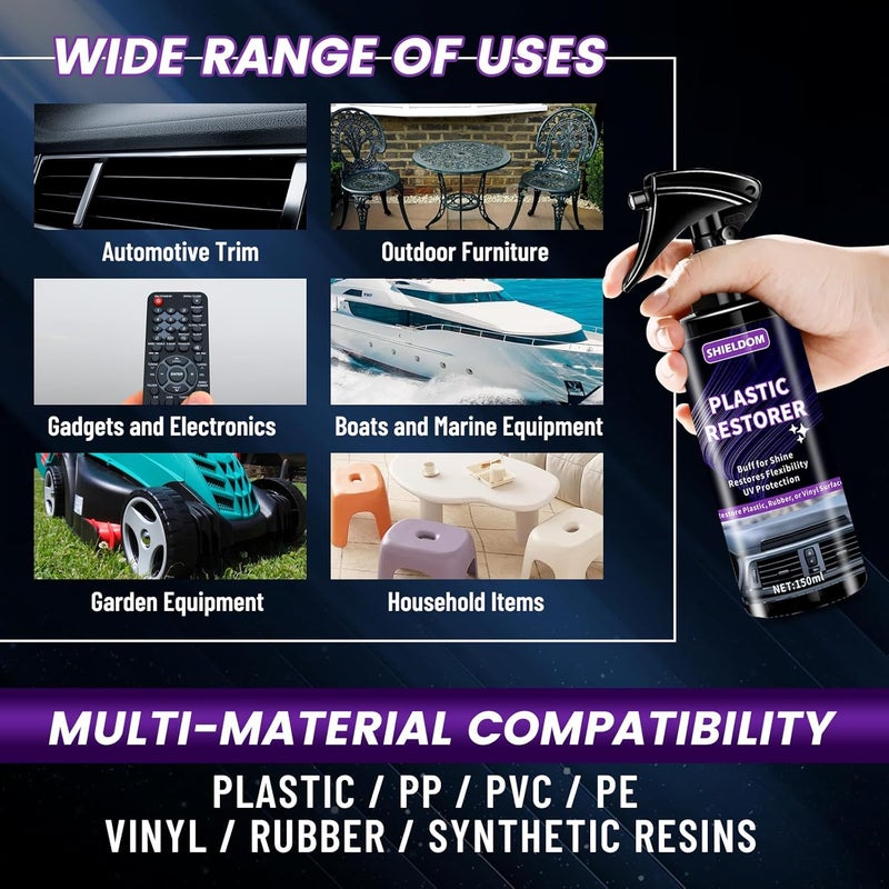 SHIELDOM Plastic Restorer for Cars Ceramic Plastic Coating Black Trim Quick Restoration Bring Faded Rubber and Vinyl Back to Life, Buff for Shine, Restore Flexibility, UV Protection - 5oz/150ml - Image 5